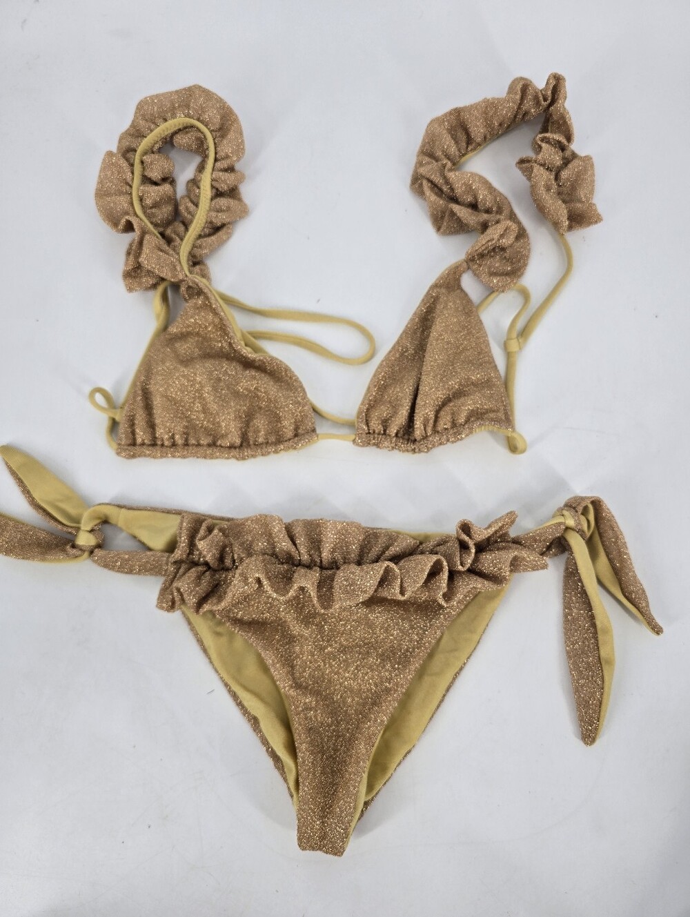 Chio Gold Glitter Ruffle String Bikini 2 pc Set Triangle Top Side Tie Bottom S